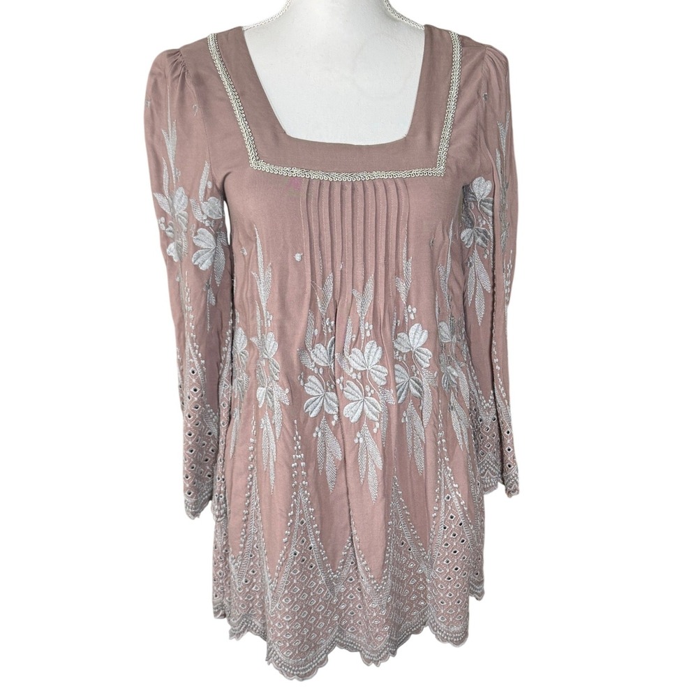 Sundance Mauve Embroidered Eyelet Pintuck Boho Tunic Top Square Neck Small GUC